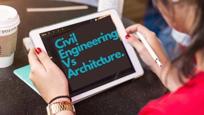 Girl hold white note paid with open pages of civil engineering vs architecture page.