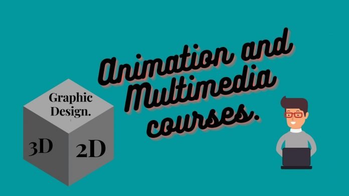 Light blue colour in background with black text animation and multimedia courses along with gray box and man with laptop