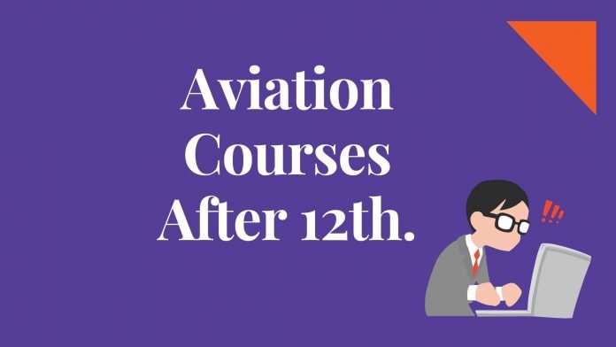 Light blue background with white word text aviation courses after 12th and student in laptop
