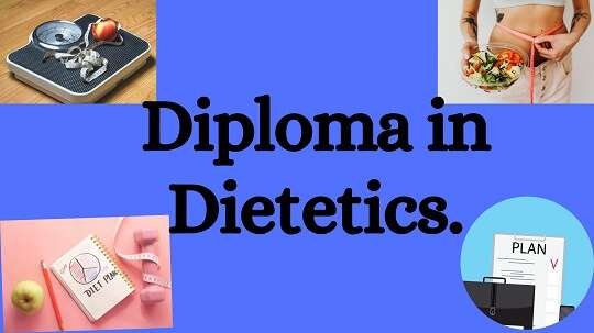 blue backaround color with black text words Diploma in Dietetics.